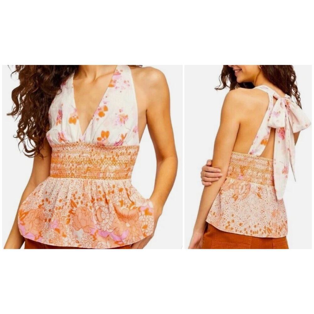 FREE PEOPLE Brinkley Smocked Halter Tank Top Light Combo Boho Floral Size M